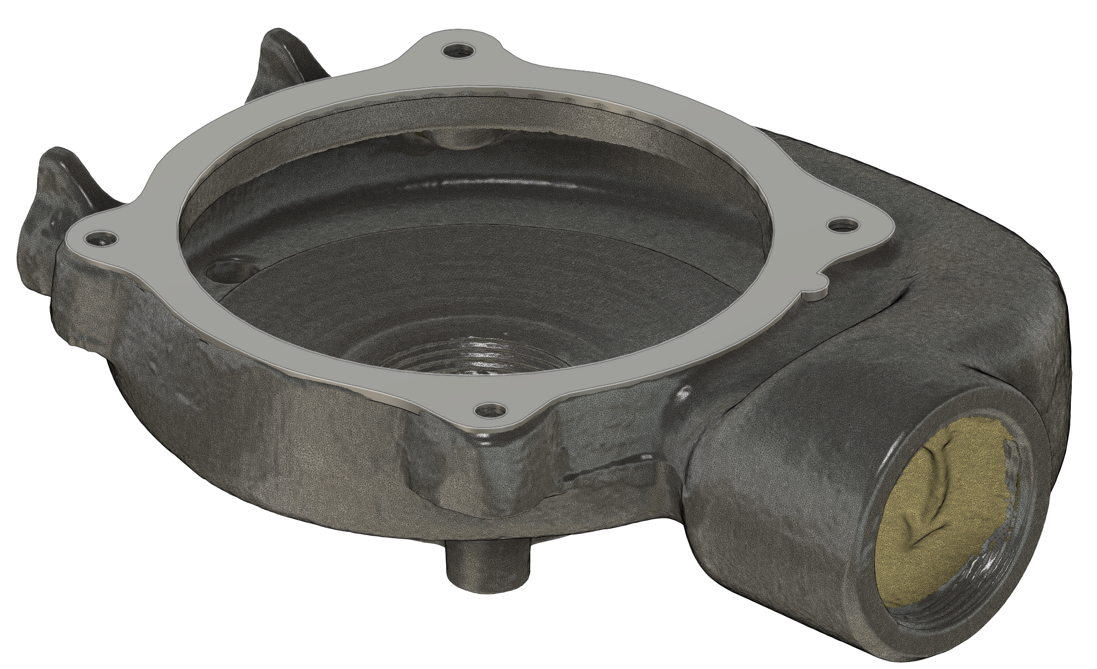 Example of scanned part, in this instance a brass pool pump with newly designed and modeled gasket for it.